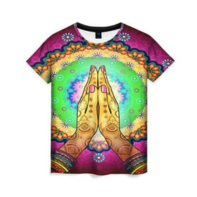 Женская футболка 3D с принтом Meditation в Кировске, 100% полиэфир ( синтетическое хлопкоподобное полотно) | прямой крой, круглый вырез горловины, длина до линии бедер | 3d | indian | mandala | арт | йога | медитация | руки | узор | цветы