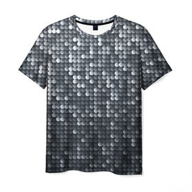 Мужская футболка 3D с принтом Мелкие Шарики в Кировске, 100% полиэфир | прямой крой, круглый вырез горловины, длина до линии бедер | кольчуга | металл | перелив | рыбный | серебро | черно белый | чешуйки | чешуя