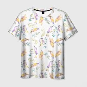 Мужская футболка 3D с принтом Пташки в Кировске, 100% полиэфир | прямой крой, круглый вырез горловины, длина до линии бедер | bird | birds | feather | spring | весна | ветка | перья | птицы | птички
