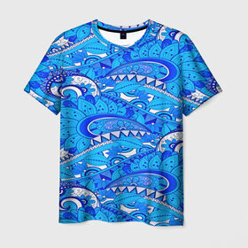 Мужская футболка 3D с принтом Floral pattern в Кировске, 100% полиэфир | прямой крой, круглый вырез горловины, длина до линии бедер | 3d | абстракция | арт | волны | синий | узор | цветы