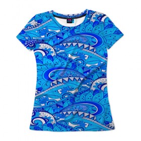 Женская футболка 3D с принтом Floral pattern в Кировске, 100% полиэфир ( синтетическое хлопкоподобное полотно) | прямой крой, круглый вырез горловины, длина до линии бедер | 3d | абстракция | арт | волны | синий | узор | цветы