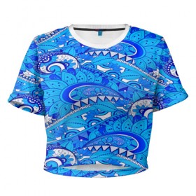 Женская футболка 3D укороченная с принтом Floral pattern в Кировске, 100% полиэстер | круглая горловина, длина футболки до линии талии, рукава с отворотами | 3d | абстракция | арт | волны | синий | узор | цветы
