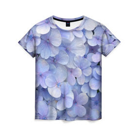 Женская футболка 3D с принтом Гортензия голубая в Кировске, 100% полиэфир ( синтетическое хлопкоподобное полотно) | прямой крой, круглый вырез горловины, длина до линии бедер | hydrangea | лето | нежность | незабудка | цветы