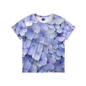Детская футболка 3D с принтом Гортензия голубая в Кировске, 100% гипоаллергенный полиэфир | прямой крой, круглый вырез горловины, длина до линии бедер, чуть спущенное плечо, ткань немного тянется | hydrangea | лето | нежность | незабудка | цветы