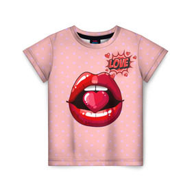 Детская футболка 3D с принтом Lips в Кировске, 100% гипоаллергенный полиэфир | прямой крой, круглый вырез горловины, длина до линии бедер, чуть спущенное плечо, ткань немного тянется | 3d | love | pop art | арт | губы | девушкам | любовь | поп арт | поцелуй | розовый | сердечки