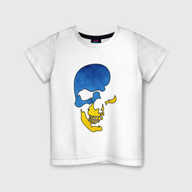 Детская футболка хлопок с принтом Сине-желтый череп в Кировске, 100% хлопок | круглый вырез горловины, полуприлегающий силуэт, длина до линии бедер | желтый | злой | зубы | кости | символ | синий | скелет | улыбка | череп