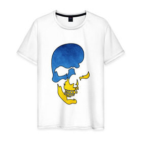 Мужская футболка хлопок с принтом Сине-желтый череп в Кировске, 100% хлопок | прямой крой, круглый вырез горловины, длина до линии бедер, слегка спущенное плечо. | желтый | злой | зубы | кости | символ | синий | скелет | улыбка | череп