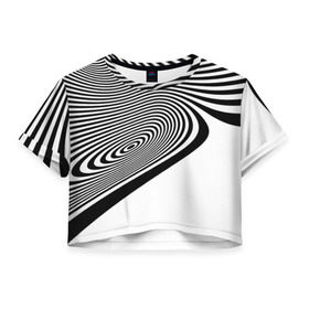 Женская футболка 3D укороченная с принтом Black&White illusion в Кировске, 100% полиэстер | круглая горловина, длина футболки до линии талии, рукава с отворотами | Тематика изображения на принте: 3d | абстракции | иллюзия | линии | полосы | черно белые