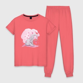 Женская пижама хлопок с принтом Слоник в Кировске, 100% хлопок | брюки и футболка прямого кроя, без карманов, на брюках мягкая резинка на поясе и по низу штанин | Тематика изображения на принте: акварель | любовь | рисунок | розовый
