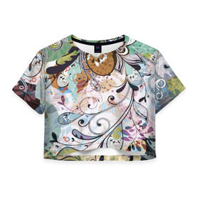 Женская футболка 3D укороченная с принтом Хохлома в Кировске, 100% полиэстер | круглая горловина, длина футболки до линии талии, рукава с отворотами | орнамент | роспись