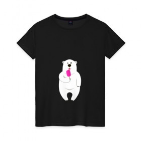 Женская футболка хлопок с принтом Медведь и мороженое в Кировске, 100% хлопок | прямой крой, круглый вырез горловины, длина до линии бедер, слегка спущенное плечо | 