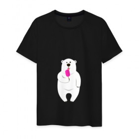 Мужская футболка хлопок с принтом Медведь и мороженое в Кировске, 100% хлопок | прямой крой, круглый вырез горловины, длина до линии бедер, слегка спущенное плечо. | 