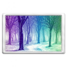 Магнит 45*70 с принтом Мрачный лес в Кировске, Пластик | Размер: 78*52 мм; Размер печати: 70*45 | вечер | деревья | загадочный | зеленый | земля | зима | лес | необычный | природа | свет | свечение | сибирь | снег | тайга | фиолетовый | яркий