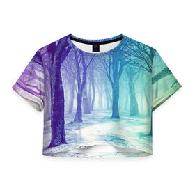 Женская футболка 3D укороченная с принтом Мрачный лес в Кировске, 100% полиэстер | круглая горловина, длина футболки до линии талии, рукава с отворотами | Тематика изображения на принте: вечер | деревья | загадочный | зеленый | земля | зима | лес | необычный | природа | свет | свечение | сибирь | снег | тайга | фиолетовый | яркий