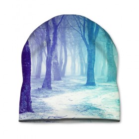Шапка 3D с принтом Мрачный лес в Кировске, 100% полиэстер | универсальный размер, печать по всей поверхности изделия | вечер | деревья | загадочный | зеленый | земля | зима | лес | необычный | природа | свет | свечение | сибирь | снег | тайга | фиолетовый | яркий