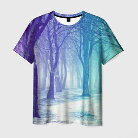 Мужская футболка 3D с принтом Мрачный лес в Кировске, 100% полиэфир | прямой крой, круглый вырез горловины, длина до линии бедер | вечер | деревья | загадочный | зеленый | земля | зима | лес | необычный | природа | свет | свечение | сибирь | снег | тайга | фиолетовый | яркий