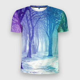 Мужская футболка 3D спортивная с принтом Мрачный лес в Кировске, 100% полиэстер с улучшенными характеристиками | приталенный силуэт, круглая горловина, широкие плечи, сужается к линии бедра | Тематика изображения на принте: вечер | деревья | загадочный | зеленый | земля | зима | лес | необычный | природа | свет | свечение | сибирь | снег | тайга | фиолетовый | яркий