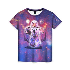 Женская футболка 3D с принтом Звериный прайд в Кировске, 100% полиэфир ( синтетическое хлопкоподобное полотно) | прямой крой, круглый вырез горловины, длина до линии бедер | волк | вселенная | галактика | звезды | медведь | орел | пума | туманность