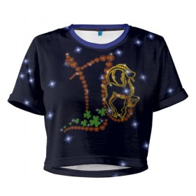 Женская футболка 3D укороченная с принтом Козерог в Кировске, 100% полиэстер | круглая горловина, длина футболки до линии талии, рукава с отворотами | 