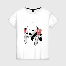 Женская футболка хлопок с принтом Панда - руки бензопилы в Кировске, 100% хлопок | прямой крой, круглый вырез горловины, длина до линии бедер, слегка спущенное плечо | бамбук | бамбуковый медведь | бензопила | животное | злость | красная книга | кунгфу | лапы | мишка | опасный | оскал | панда | пила | прикольный | тростник | эвкалипт | япония | ярость