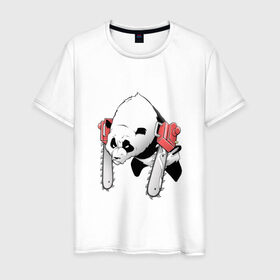 Мужская футболка хлопок с принтом Панда - руки бензопилы в Кировске, 100% хлопок | прямой крой, круглый вырез горловины, длина до линии бедер, слегка спущенное плечо. | бамбук | бамбуковый медведь | бензопила | животное | злость | красная книга | кунгфу | лапы | мишка | опасный | оскал | панда | пила | прикольный | тростник | эвкалипт | япония | ярость