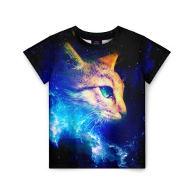 Детская футболка 3D с принтом Звездный кот в Кировске, 100% гипоаллергенный полиэфир | прямой крой, круглый вырез горловины, длина до линии бедер, чуть спущенное плечо, ткань немного тянется | Тематика изображения на принте: звезды | кот | мордочка | темный