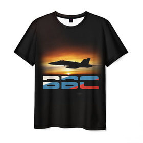 Мужская футболка 3D с принтом Истребитель ВВС на закате в Кировске, 100% полиэфир | прямой крой, круглый вырез горловины, длина до линии бедер | Тематика изображения на принте: самолет