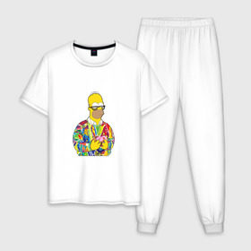 Мужская пижама хлопок с принтом Homer в Кировске, 100% хлопок | брюки и футболка прямого кроя, без карманов, на брюках мягкая резинка на поясе и по низу штанин
 | bart | homer | simpsons | барт | гомер | еда | мультфильм | отец | папа | пончик | радуга | симпсоны | спрингфилд | хиппи | цвет