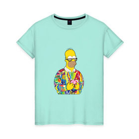 Женская футболка хлопок с принтом Homer в Кировске, 100% хлопок | прямой крой, круглый вырез горловины, длина до линии бедер, слегка спущенное плечо | bart | homer | simpsons | барт | гомер | еда | мультфильм | отец | папа | пончик | радуга | симпсоны | спрингфилд | хиппи | цвет