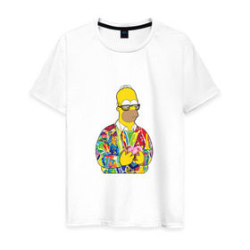 Мужская футболка хлопок с принтом Homer в Кировске, 100% хлопок | прямой крой, круглый вырез горловины, длина до линии бедер, слегка спущенное плечо. | bart | homer | simpsons | барт | гомер | еда | мультфильм | отец | папа | пончик | радуга | симпсоны | спрингфилд | хиппи | цвет