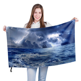Флаг 3D с принтом Шторм в Кировске, 100% полиэстер | плотность ткани — 95 г/м2, размер — 67 х 109 см. Принт наносится с одной стороны | брызги | буря | вода | волны | гроза | капли | красивое | молния | море | непогода | океан | природа | синее | стихия | тучи