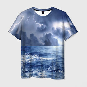 Мужская футболка 3D с принтом Шторм в Кировске, 100% полиэфир | прямой крой, круглый вырез горловины, длина до линии бедер | брызги | буря | вода | волны | гроза | капли | красивое | молния | море | непогода | океан | природа | синее | стихия | тучи