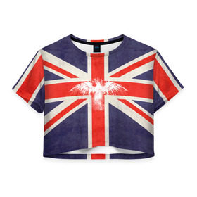 Женская футболка 3D укороченная с принтом Флаг Англии с белым орлом в Кировске, 100% полиэстер | круглая горловина, длина футболки до линии талии, рукава с отворотами | london | англия | белый | брызги | великобритания | империя | клякса | крылья | лондон | необычный | объеденное королевство | орел | птица | символ | сокол | туманный альбион | флаг
