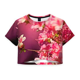 Женская футболка 3D укороченная с принтом Сакура в Кировске, 100% полиэстер | круглая горловина, длина футболки до линии талии, рукава с отворотами | 3d | flower | nature | pink | sakura | весна | деревья | природа | розовый | сакура | цветы | япония