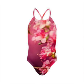 Детский купальник 3D с принтом Сакура в Кировске, Полиэстер 85%, Спандекс 15% | Слитный крой, подклад по переду изделия, узкие бретели | Тематика изображения на принте: 3d | flower | nature | pink | sakura | весна | деревья | природа | розовый | сакура | цветы | япония