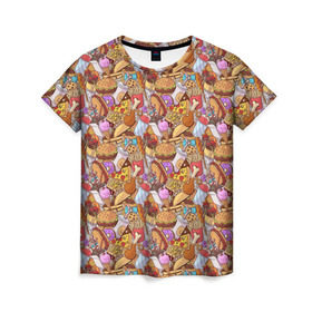 Женская футболка 3D с принтом Фастфуд в Кировске, 100% полиэфир ( синтетическое хлопкоподобное полотно) | прямой крой, круглый вырез горловины, длина до линии бедер | бурито | вкусняшка | вок | гамбургер | еда я люблю тебя | жарить | жир | курица | лапша | макдак | мороженое | нагетсы | пицца | пончики | салями | смайл | фри | хотдог | шаурма