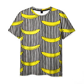 Мужская футболка 3D с принтом Бананы на Полосатом Фоне в Кировске, 100% полиэфир | прямой крой, круглый вырез горловины, длина до линии бедер | банана | бананчик | вкусный | желтый | спелый | фрукт