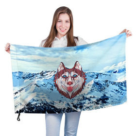 Флаг 3D с принтом Хаски в Кировске, 100% полиэстер | плотность ткани — 95 г/м2, размер — 67 х 109 см. Принт наносится с одной стороны | at | bowwow | dog | hound | pooch | арт | гончая | гончая собака | горы | деревья | лес | снег | собака | хаски | холод