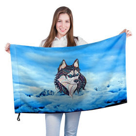 Флаг 3D с принтом Siberian Husky в Кировске, 100% полиэстер | плотность ткани — 95 г/м2, размер — 67 х 109 см. Принт наносится с одной стороны | at | bowwow | dog | hound | pooch | арт | гончая | гончая собака | горы | деревья | лес | снег | собака | хаски | холод