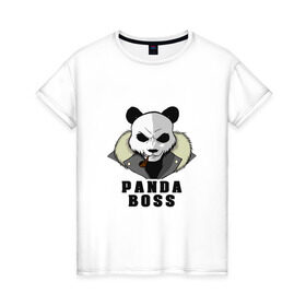Женская футболка хлопок с принтом Panda Boss в Кировске, 100% хлопок | прямой крой, круглый вырез горловины, длина до линии бедер, слегка спущенное плечо | банда | большой | босс | важный | главарь | главный | директор | крутой | круче всех | лидер | мех | панда | россия | русский | самый | супер | трубка | шуба