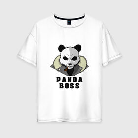 Женская футболка хлопок Oversize с принтом Panda Boss в Кировске, 100% хлопок | свободный крой, круглый ворот, спущенный рукав, длина до линии бедер
 | Тематика изображения на принте: банда | большой | босс | важный | главарь | главный | директор | крутой | круче всех | лидер | мех | панда | россия | русский | самый | супер | трубка | шуба