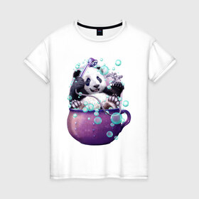 Женская футболка хлопок с принтом Панда в Кировске, 100% хлопок | прямой крой, круглый вырез горловины, длина до линии бедер, слегка спущенное плечо | арт | ванная | пена | пузыри | рисунок