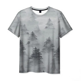 Мужская футболка 3D с принтом Туманный лес в Кировске, 100% полиэфир | прямой крой, круглый вырез горловины, длина до линии бедер | бор | вечер | деревья | елка | еловый | ель | загадочный | земля | зима | лес | мрачный | необычный | природа | серый | сибирь | снег | тайга | туман | хвойный