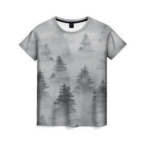 Женская футболка 3D с принтом Туманный лес в Кировске, 100% полиэфир ( синтетическое хлопкоподобное полотно) | прямой крой, круглый вырез горловины, длина до линии бедер | бор | вечер | деревья | елка | еловый | ель | загадочный | земля | зима | лес | мрачный | необычный | природа | серый | сибирь | снег | тайга | туман | хвойный