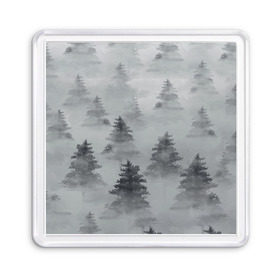 Магнит 55*55 с принтом Туманный лес в Кировске, Пластик | Размер: 65*65 мм; Размер печати: 55*55 мм | Тематика изображения на принте: бор | вечер | деревья | елка | еловый | ель | загадочный | земля | зима | лес | мрачный | необычный | природа | серый | сибирь | снег | тайга | туман | хвойный