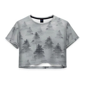 Женская футболка 3D укороченная с принтом Туманный лес в Кировске, 100% полиэстер | круглая горловина, длина футболки до линии талии, рукава с отворотами | бор | вечер | деревья | елка | еловый | ель | загадочный | земля | зима | лес | мрачный | необычный | природа | серый | сибирь | снег | тайга | туман | хвойный