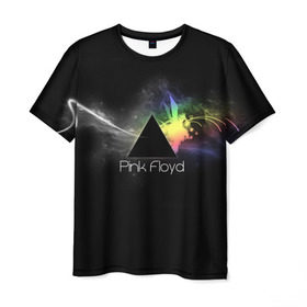 Мужская футболка 3D с принтом Pink Floyd Logo в Кировске, 100% полиэфир | прямой крой, круглый вырез горловины, длина до линии бедер | Тематика изображения на принте: англия | басы | британия | гитара | группа | дым | космос | логотип | музыка | песни | пинк флойд | призма | радуга | рок | свет