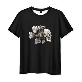 Мужская футболка 3D с принтом Рыба Скелет в Кировске, 100% полиэфир | прямой крой, круглый вырез горловины, длина до линии бедер | анатомия | кости | море | плавники | принт | рисунок | рыбный | рыбы | тату | ужас | хвост | череп | черный | чешуя