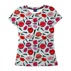 Женская футболка 3D с принтом Губы в Кировске, 100% полиэфир ( синтетическое хлопкоподобное полотно) | прямой крой, круглый вырез горловины, длина до линии бедер | губы | помада | поцелуй
