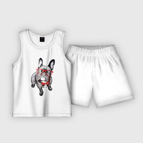 Детская пижама с шортами хлопок с принтом Бульдог в Кировске,  |  | bulldog | dog | бабочка | бульдог в очках | в очках | дог | очки | собака
